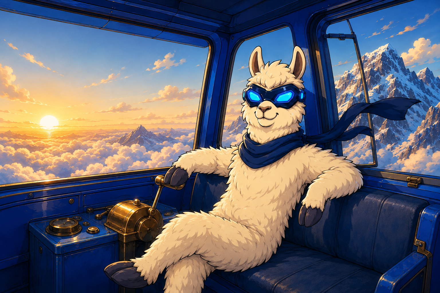 Artificial Llama reclining in the cabin of a blue cable car, watching the sunrise over a sea of clouds