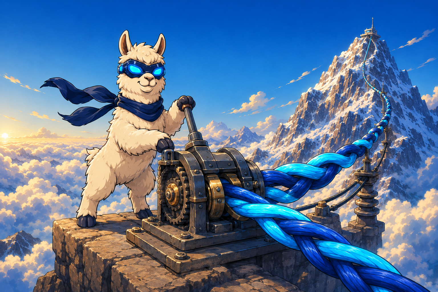 Artificial Llama at a mountaintop winch where two braided cables, one deep blue and one cyan, run together toward a distant summit