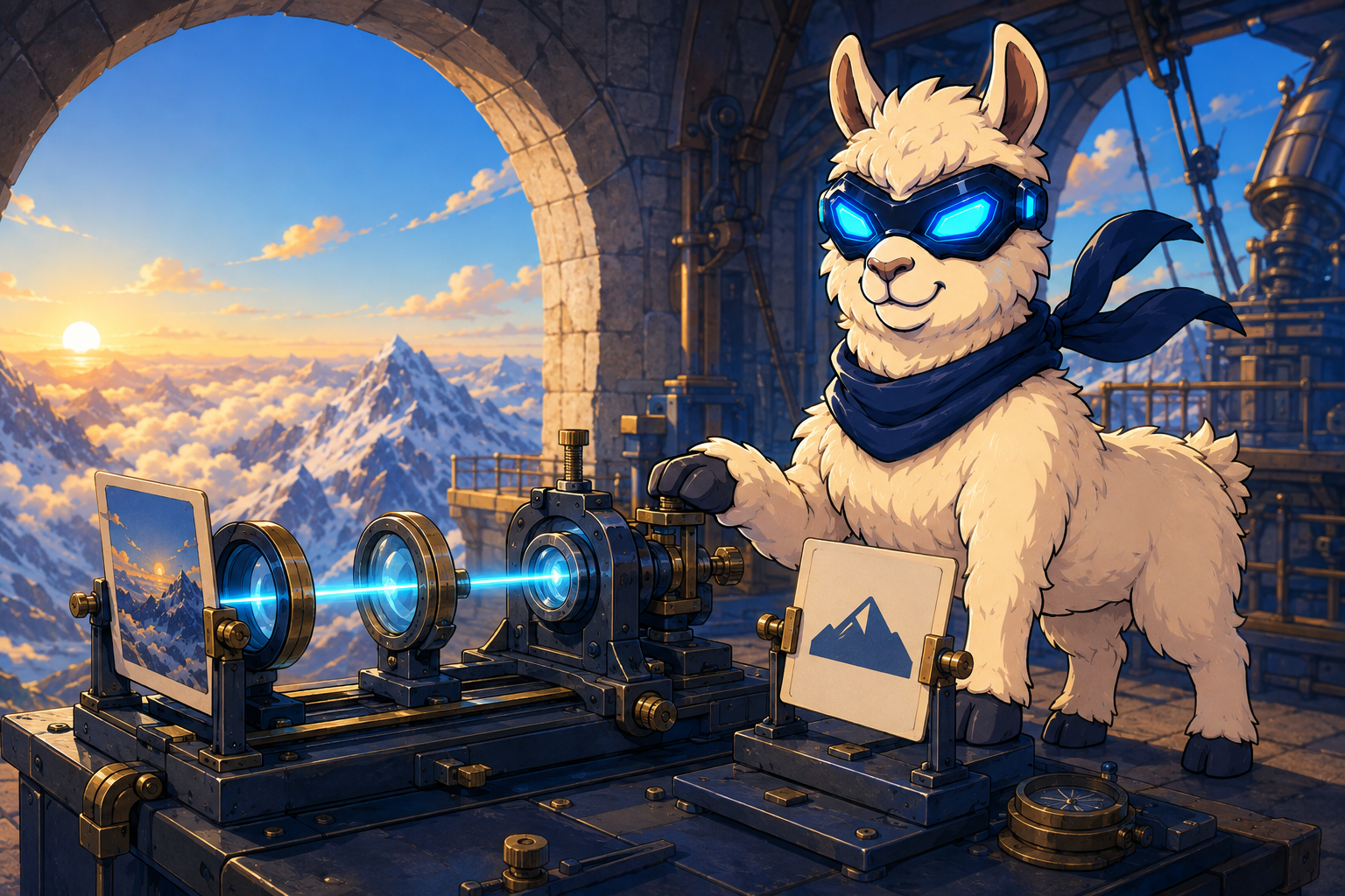 Artificial Llama in a mountaintop workshop, aligning a beam of cyan light between a photograph and a simple drawing of a mountain